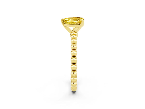 Yellow gold Heart Cut Yellow Sapphire Solitaire Ring with Beaded Band and Prong Setting