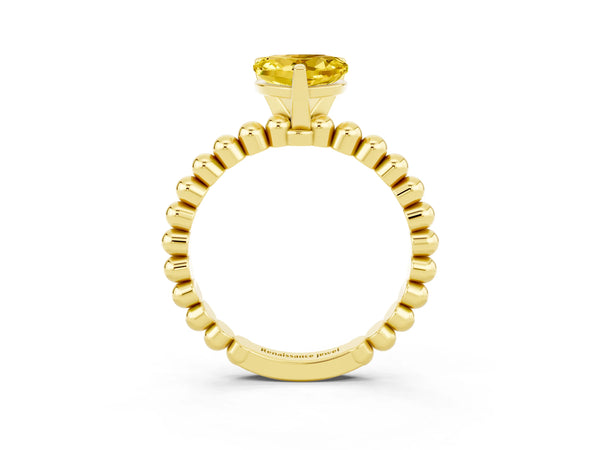 Yellow gold Heart Cut Yellow Sapphire Solitaire Ring with Beaded Band and Prong Setting