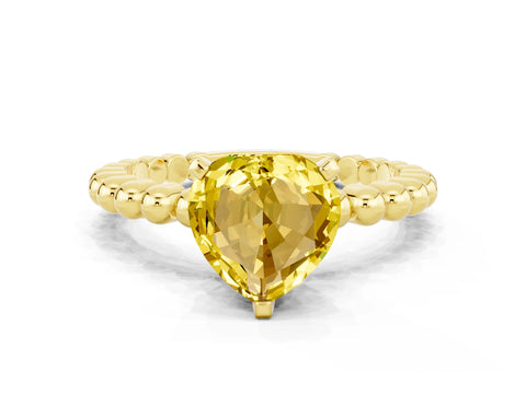 Yellow gold Heart Cut Yellow Sapphire Solitaire Ring with Beaded Band and Prong Setting