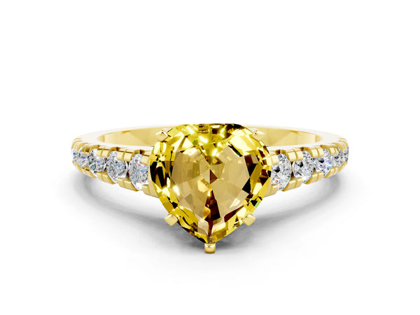 Yellow gold Heart Cut Yellow Sapphire Cathedral Solitaire Ring with Round  Pavé Band
