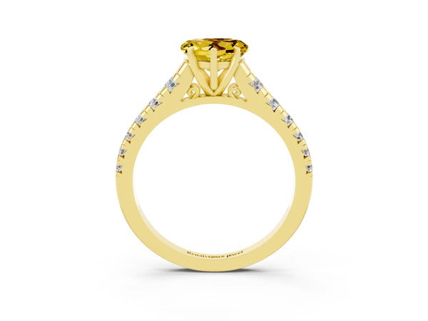 Yellow gold Heart Cut Yellow Sapphire Cathedral Solitaire Ring with Round  Pavé Band