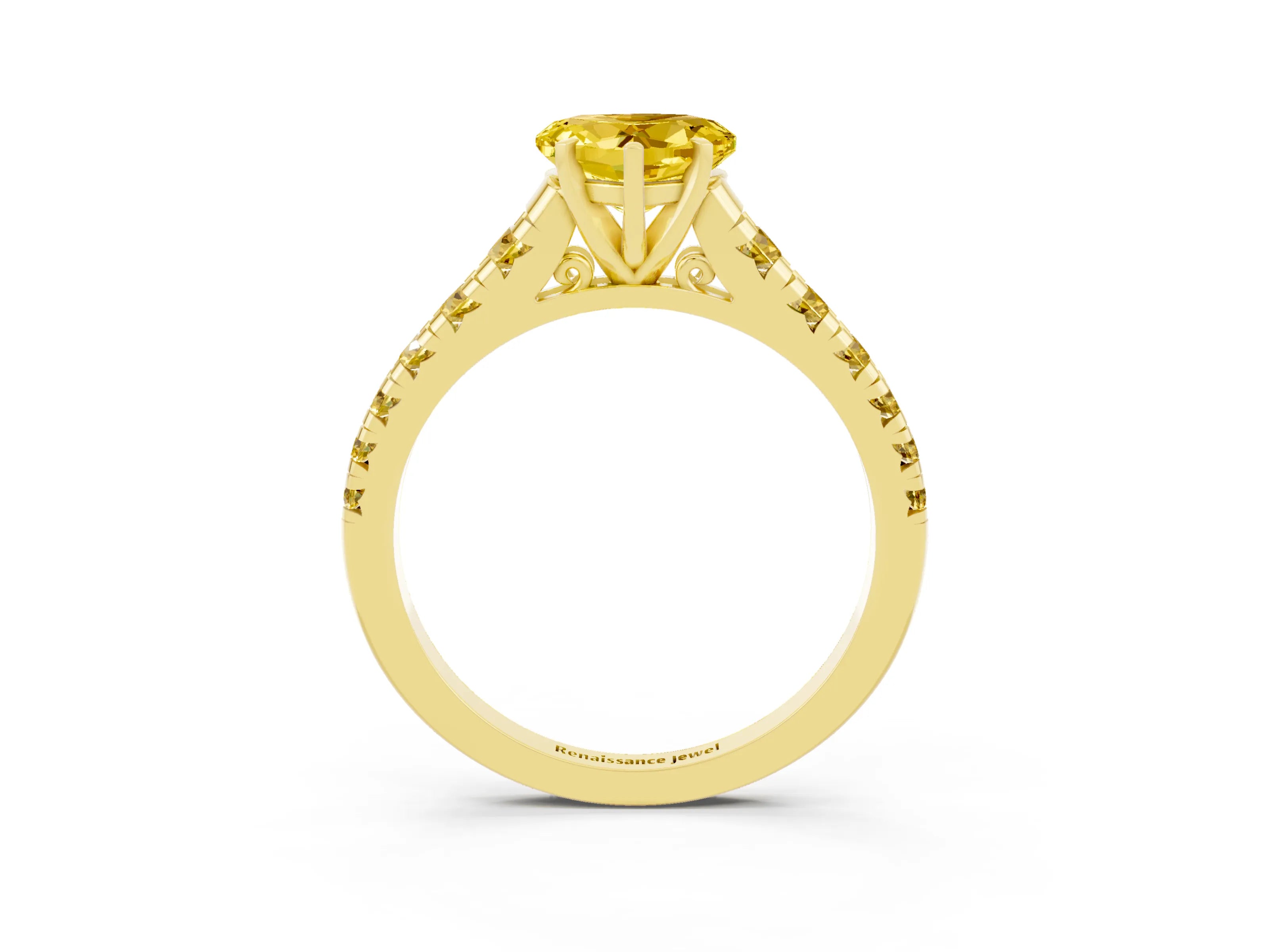 Yellow gold Heart Cut Yellow Sapphire Solitaire Ring with Cathedral Setting and Pavé Band_3