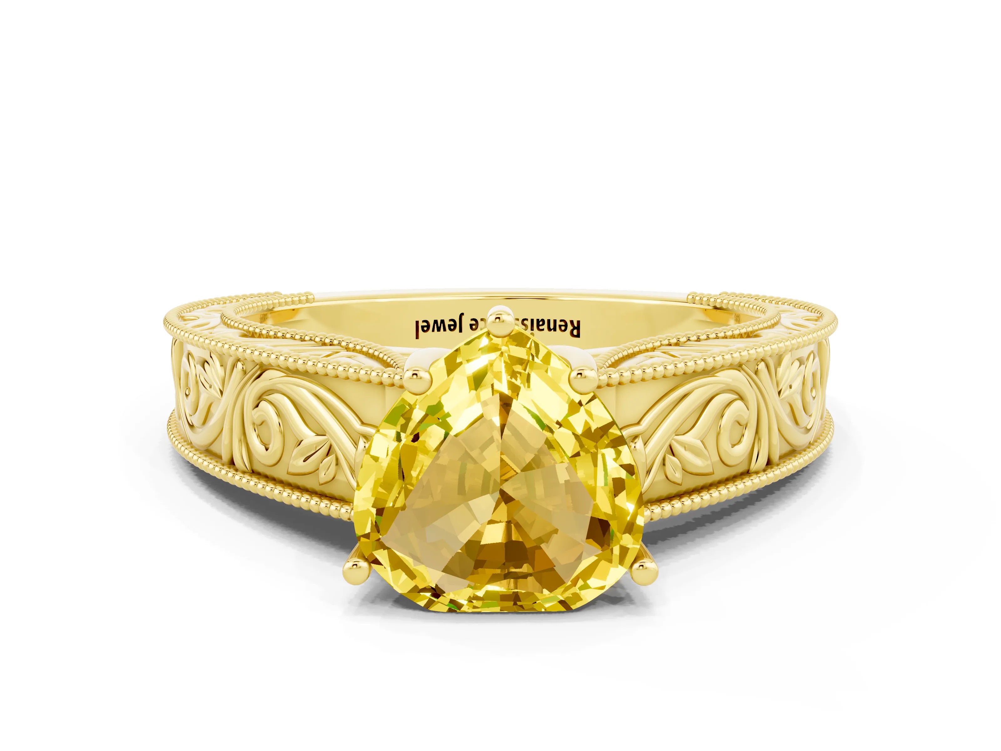 Yellow gold Heart Cut Yellow Sapphire Solitaire Ring with Engraved Band and Four-Prong Setting