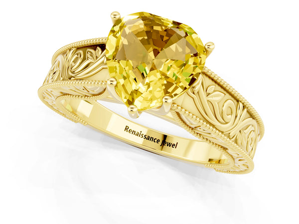 Yellow gold Heart Cut Yellow Sapphire Solitaire Ring with Engraved Band and Four-Prong Setting