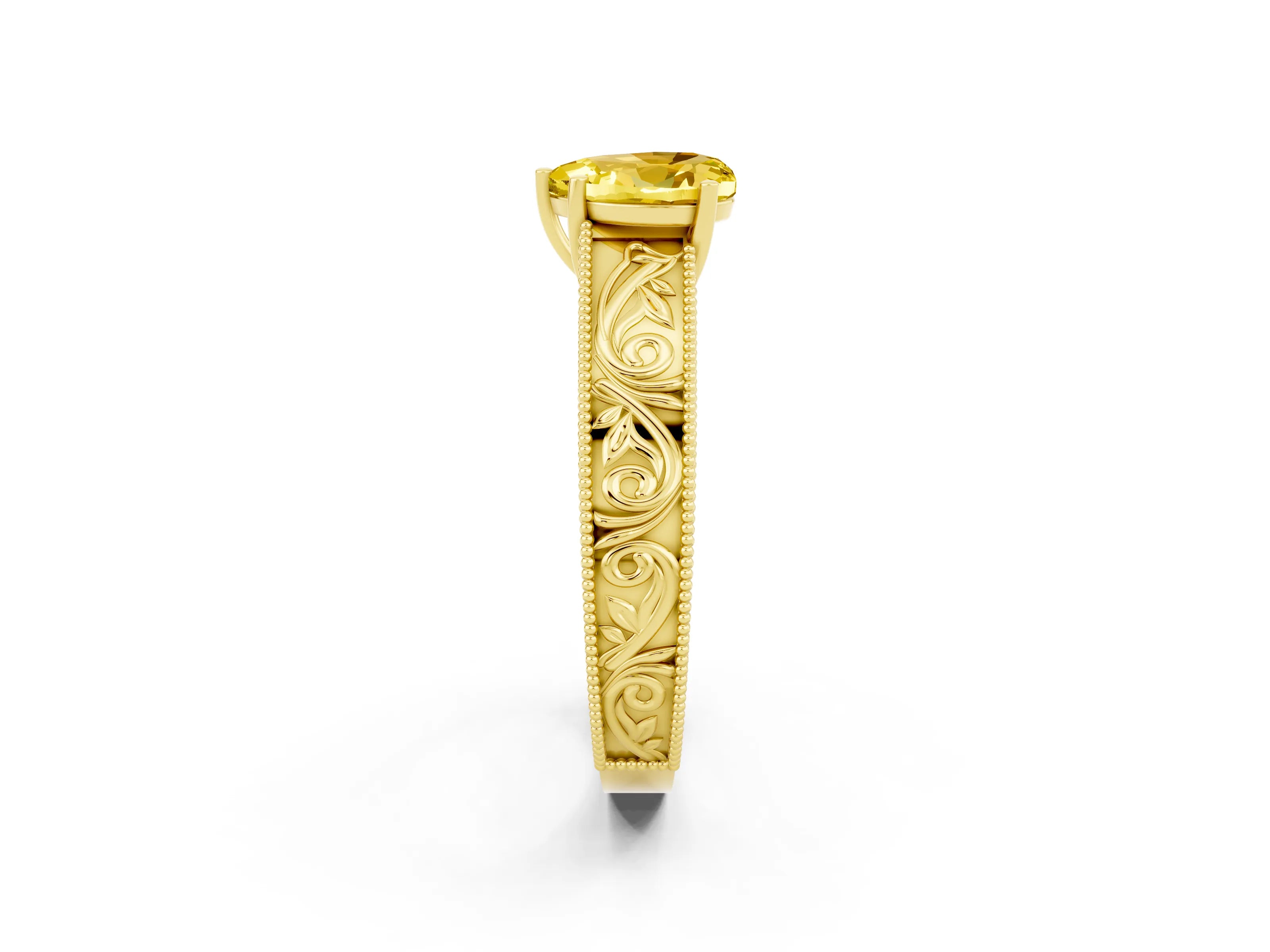 Yellow gold Heart Cut Yellow Sapphire Solitaire Ring with Engraved Band and Four-Prong Setting_2