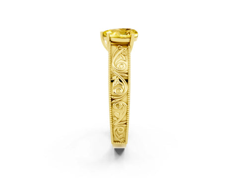 Yellow gold Heart Cut Yellow Sapphire Solitaire Ring with Engraved Band and Four-Prong Setting_2