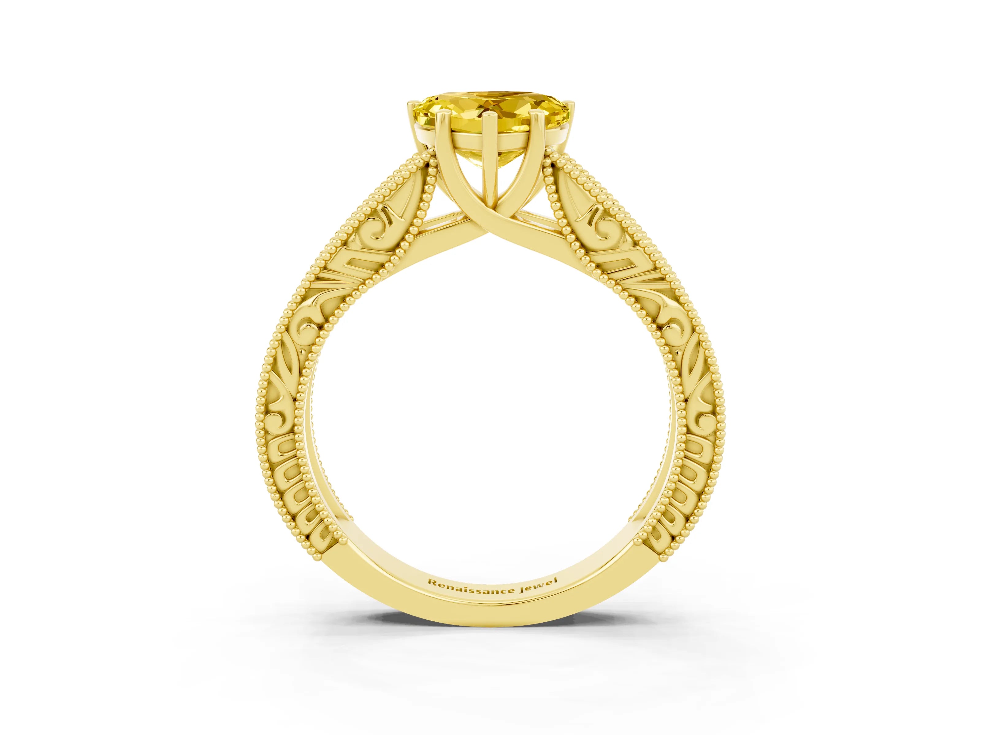 Yellow gold Heart Cut Yellow Sapphire Solitaire Ring with Engraved Band and Four-Prong Setting_3