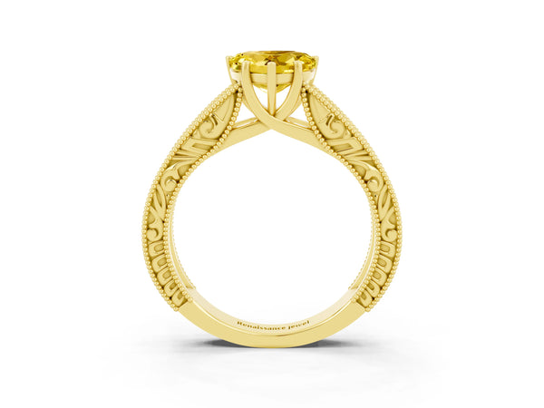 Yellow gold Heart Cut Yellow Sapphire Solitaire Ring with Engraved Band and Four-Prong Setting