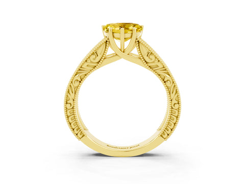 Yellow gold Heart Cut Yellow Sapphire Solitaire Ring with Engraved Band and Four-Prong Setting_3