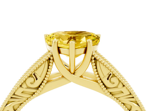 Yellow gold Heart Cut Yellow Sapphire Solitaire Ring with Engraved Band and Four-Prong Setting_4