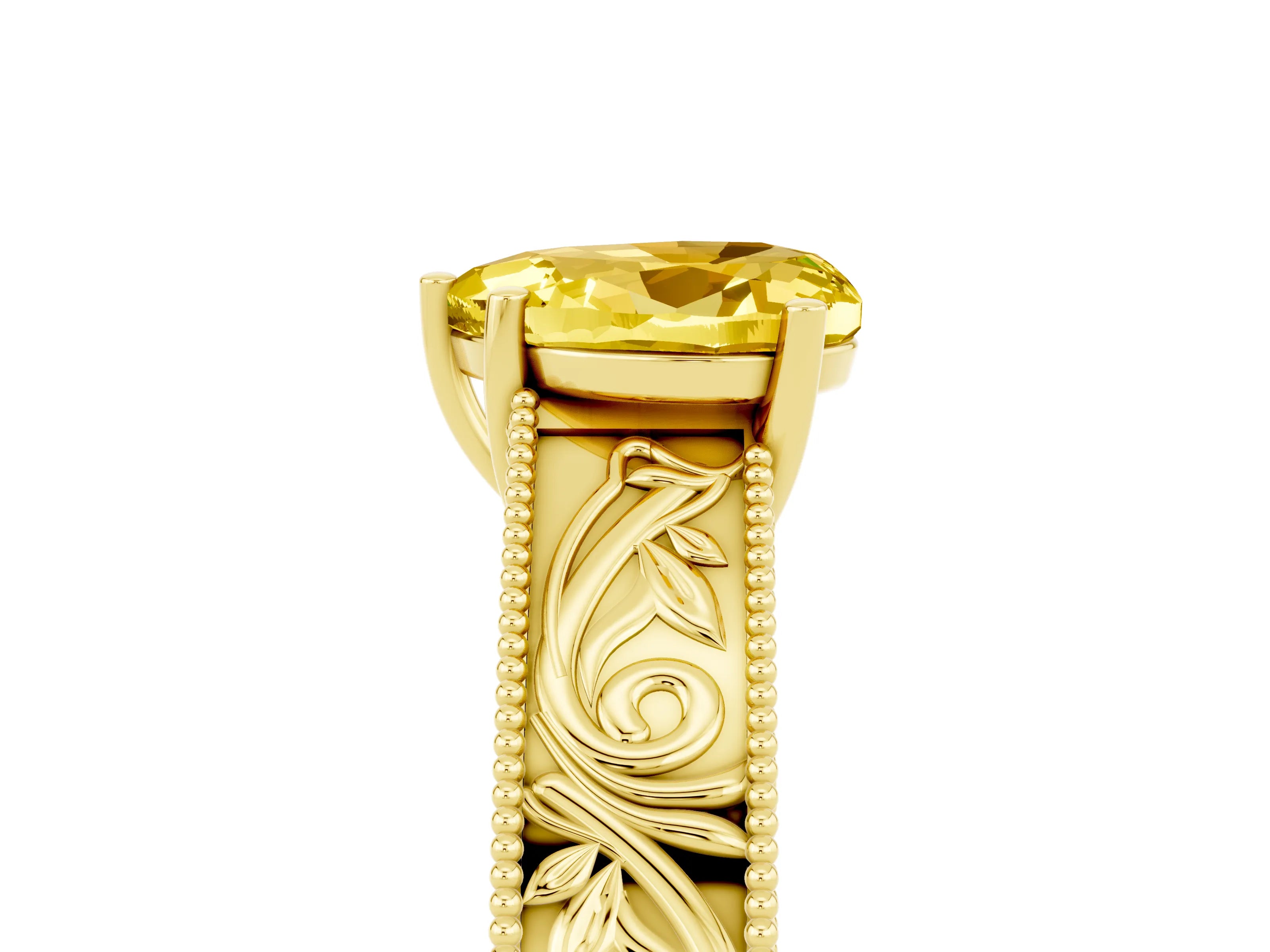 Yellow gold Heart Cut Yellow Sapphire Solitaire Ring with Engraved Band and Four-Prong Setting_5