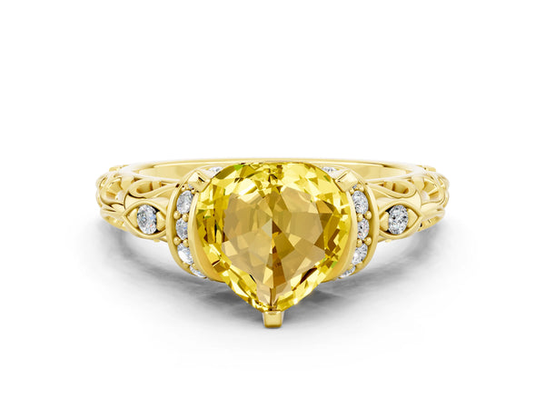 Yellow gold Heart Cut Yellow Sapphire Solitaire Ring with Filigree Band and Four-Prong Setting