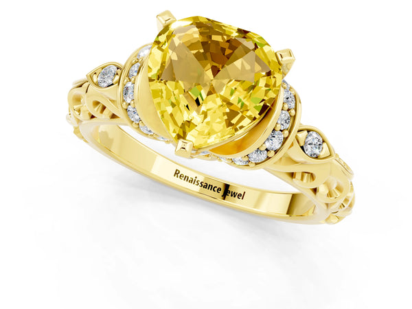 Yellow gold Heart Cut Yellow Sapphire Solitaire Ring with Filigree Band and Four-Prong Setting