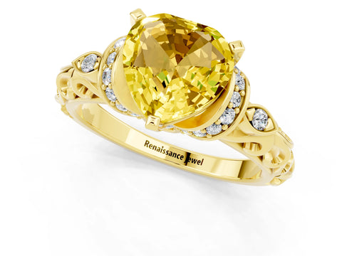 Yellow gold Heart Cut Yellow Sapphire Solitaire Ring with Filigree Band and Four-Prong Setting_49