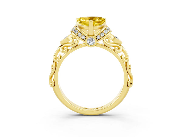 Yellow gold Heart Cut Yellow Sapphire Solitaire Ring with Filigree Band and Four-Prong Setting