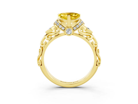 Yellow gold Heart Cut Yellow Sapphire Solitaire Ring with Filigree Band and Four-Prong Setting_51