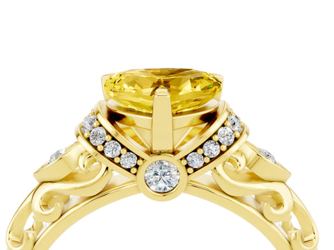 Yellow gold Heart Cut Yellow Sapphire Solitaire Ring with Filigree Band and Four-Prong Setting_52