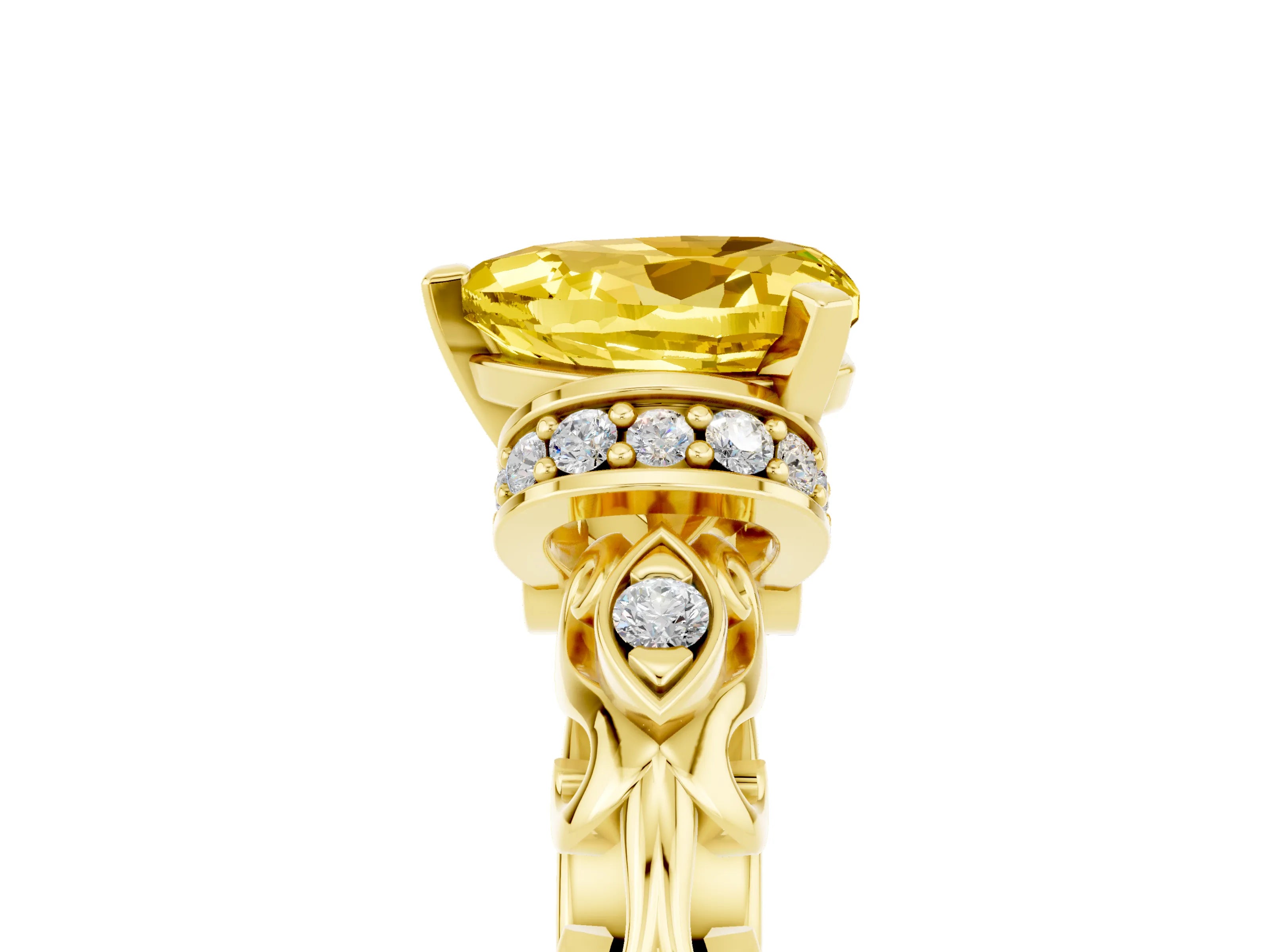 Yellow gold Heart Cut Yellow Sapphire Solitaire Ring with Filigree Band and Four-Prong Setting_53