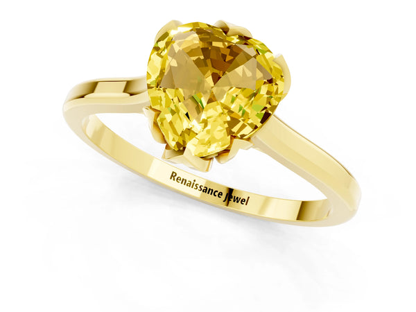 Yellow gold Heart Cut Yellow Sapphire Solitaire Ring with Flower Prong Setting and Classic Band