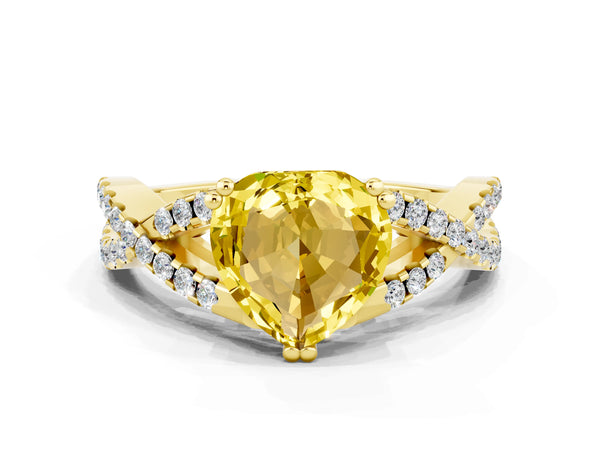 Yellow gold Heart Cut Yellow Sapphire Solitaire Ring with Four-Prong Setting and Twisted Pavé Band