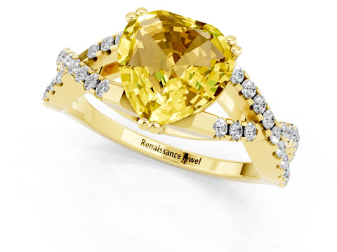 Yellow gold Heart Cut Yellow Sapphire Solitaire Ring with Four-Prong Setting and Twisted Pavé Band_13