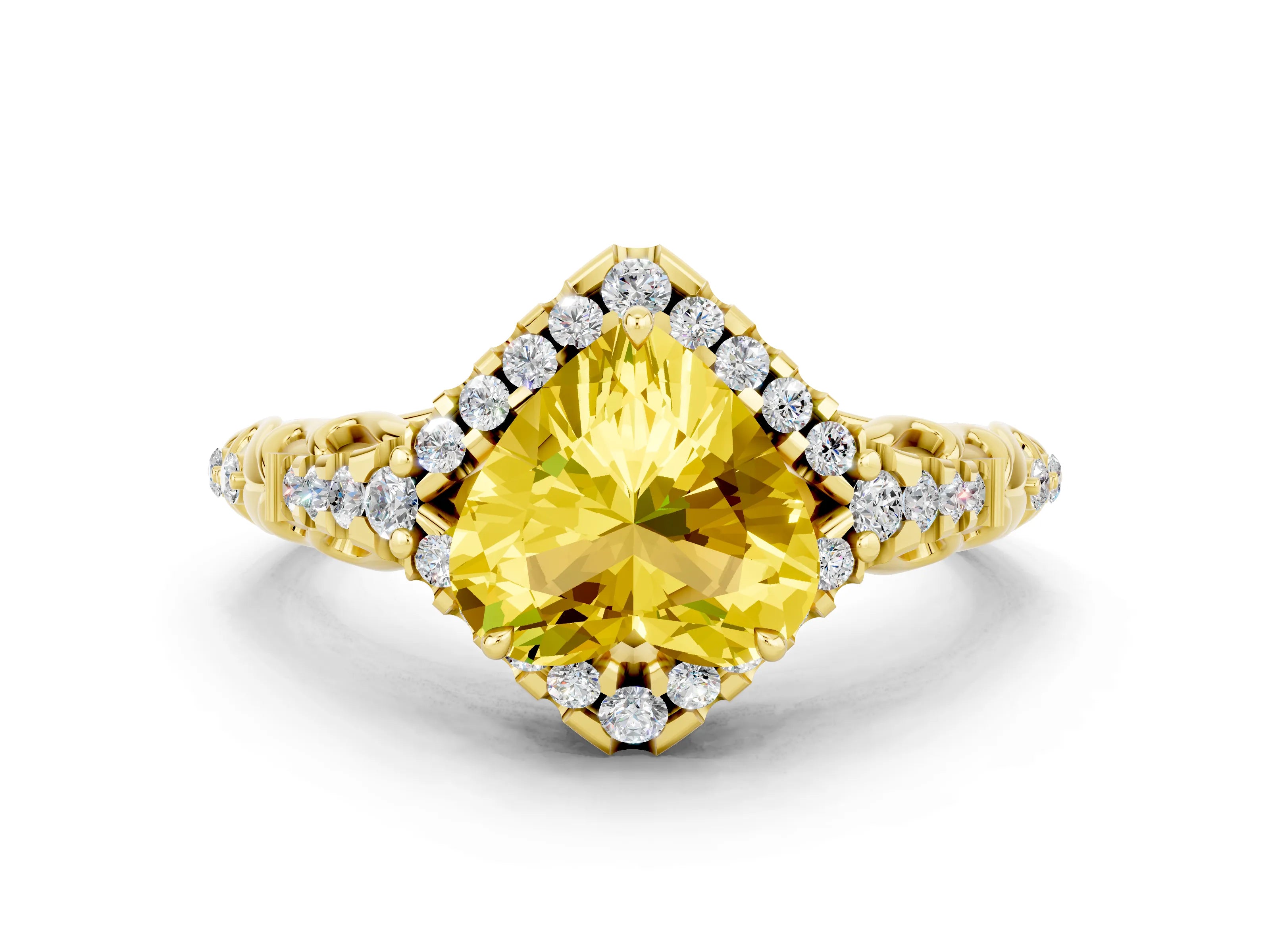 Yellow gold Heart Cut Yellow Sapphire Solitaire Ring with Hidden Halo and Pavé Band_12