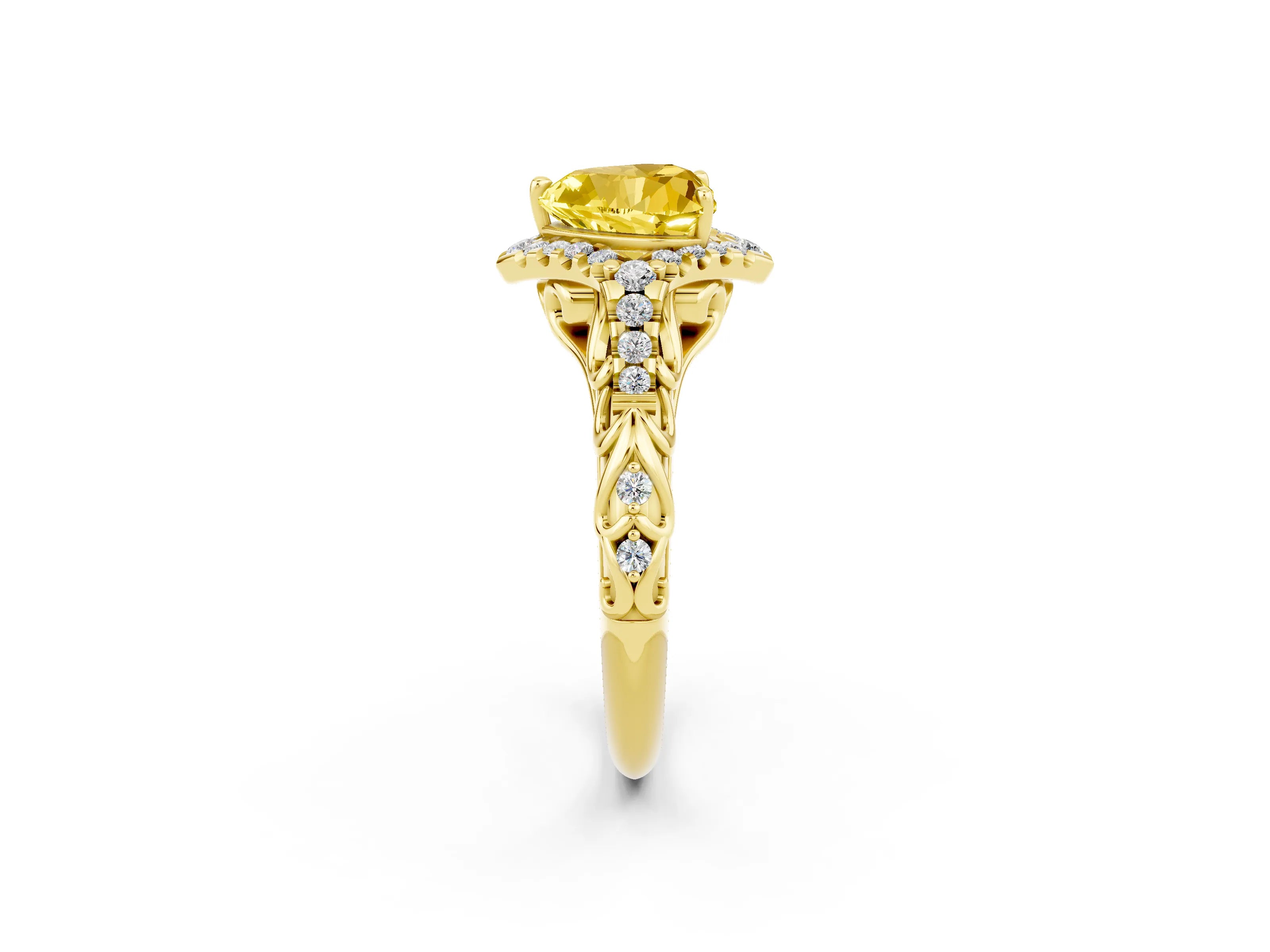 Yellow gold Heart Cut Yellow Sapphire Solitaire Ring with Hidden Halo and Pavé Band_14