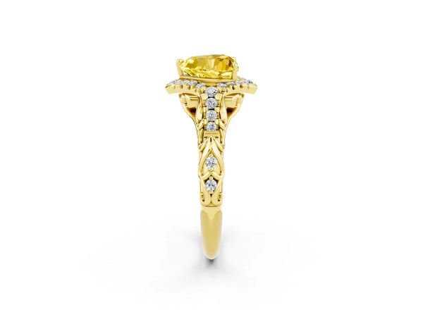 Yellow gold Heart Cut Yellow Sapphire Solitaire Ring with Hidden Halo and Pavé Band