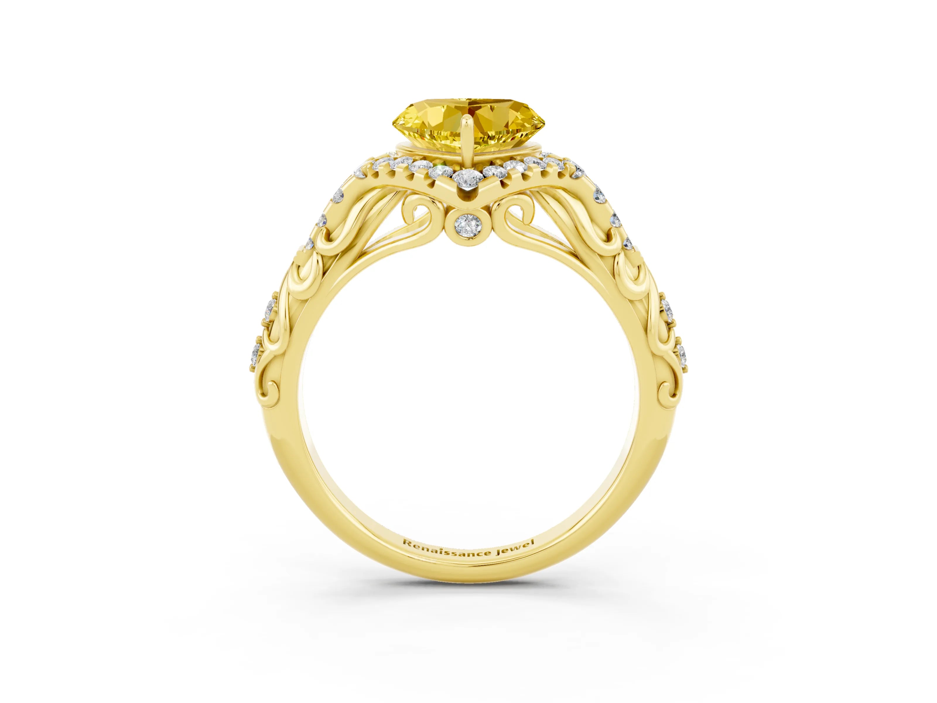 Yellow gold Heart Cut Yellow Sapphire Solitaire Ring with Hidden Halo and Pavé Band_15