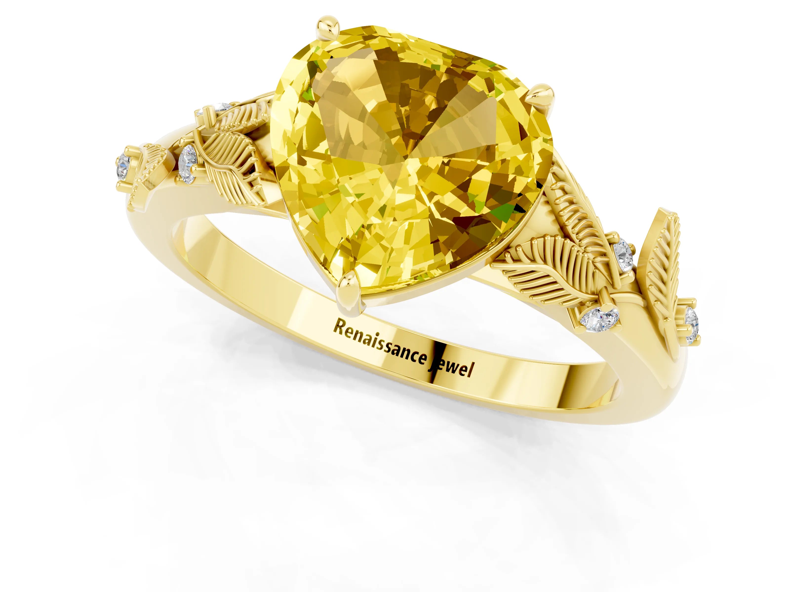 Yellow gold Heart Cut Yellow Sapphire Solitaire Ring with Leaf Motif Band and Four-Prong Setting_1
