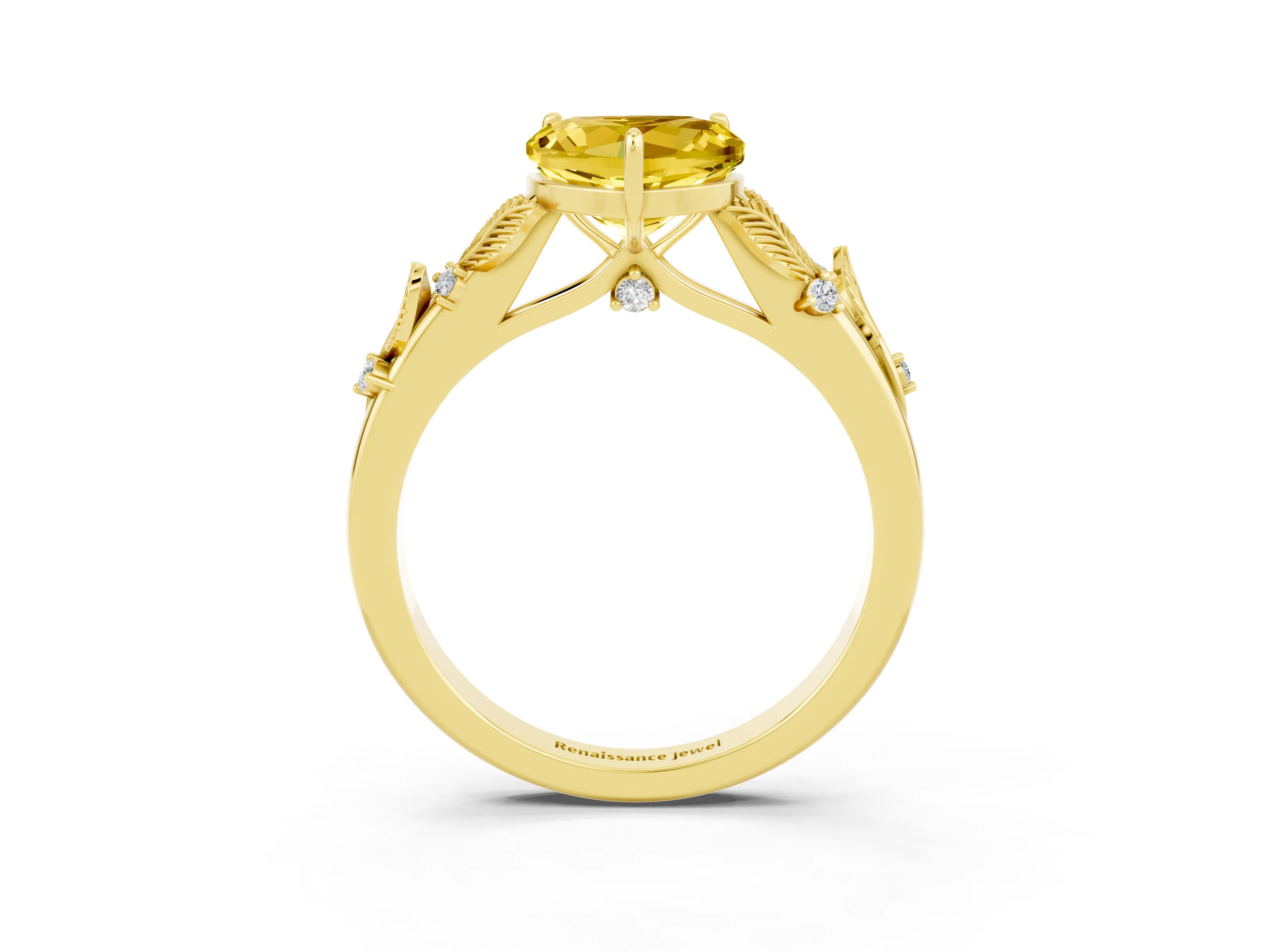 Yellow gold Heart Cut Yellow Sapphire Solitaire Ring with Leaf Motif Band and Four-Prong Setting_3