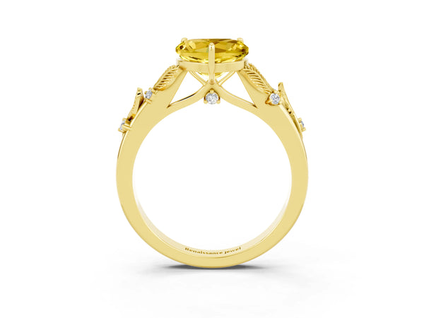 Yellow gold Heart Cut Yellow Sapphire Solitaire Ring with Leaf Motif Band and Four-Prong Setting