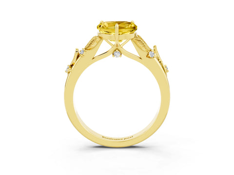 Yellow gold Heart Cut Yellow Sapphire Solitaire Ring with Leaf Motif Band and Four-Prong Setting_3