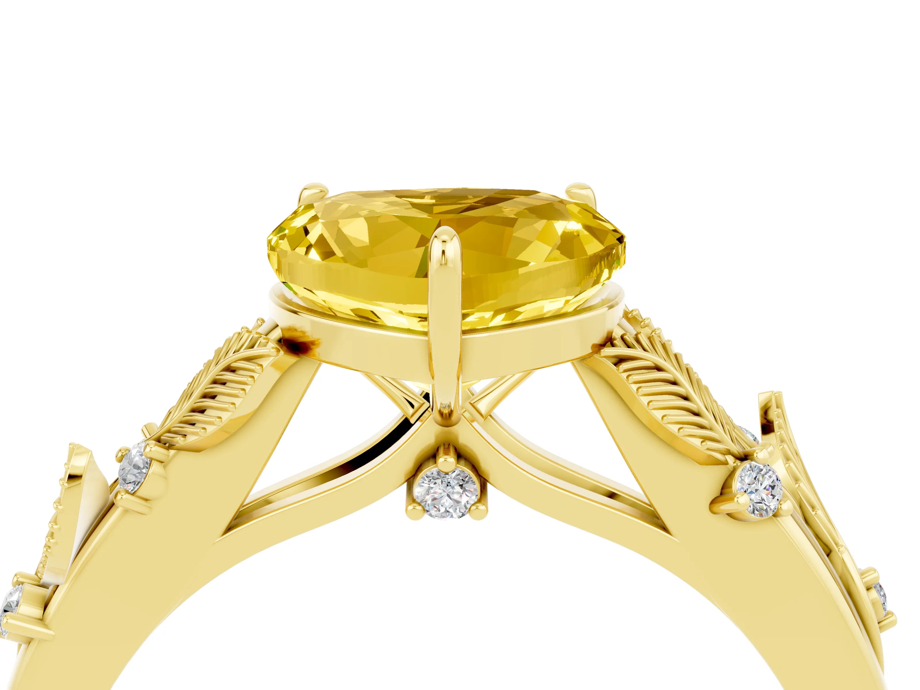 Yellow gold Heart Cut Yellow Sapphire Solitaire Ring with Leaf Motif Band and Four-Prong Setting_4