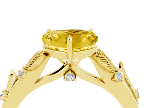 Yellow gold Heart Cut Yellow Sapphire Solitaire Ring with Leaf Motif Band and Four-Prong Setting_4