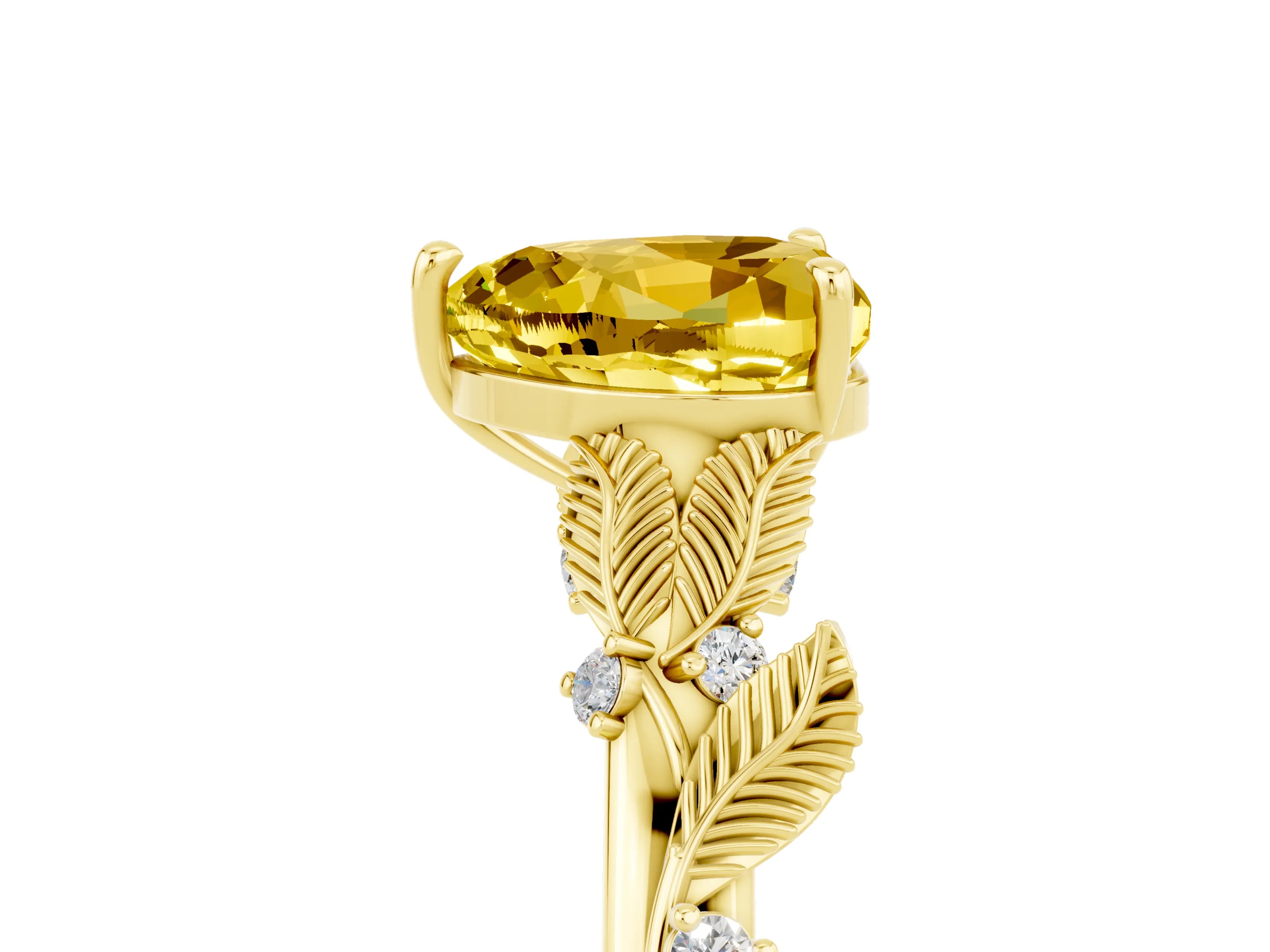 Yellow gold Heart Cut Yellow Sapphire Solitaire Ring with Leaf Motif Band and Four-Prong Setting_5