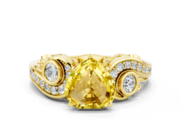 Yellow gold Heart Cut Yellow Sapphire Solitaire Ring with Milgrain Pavé Band and Four-Prong Setting