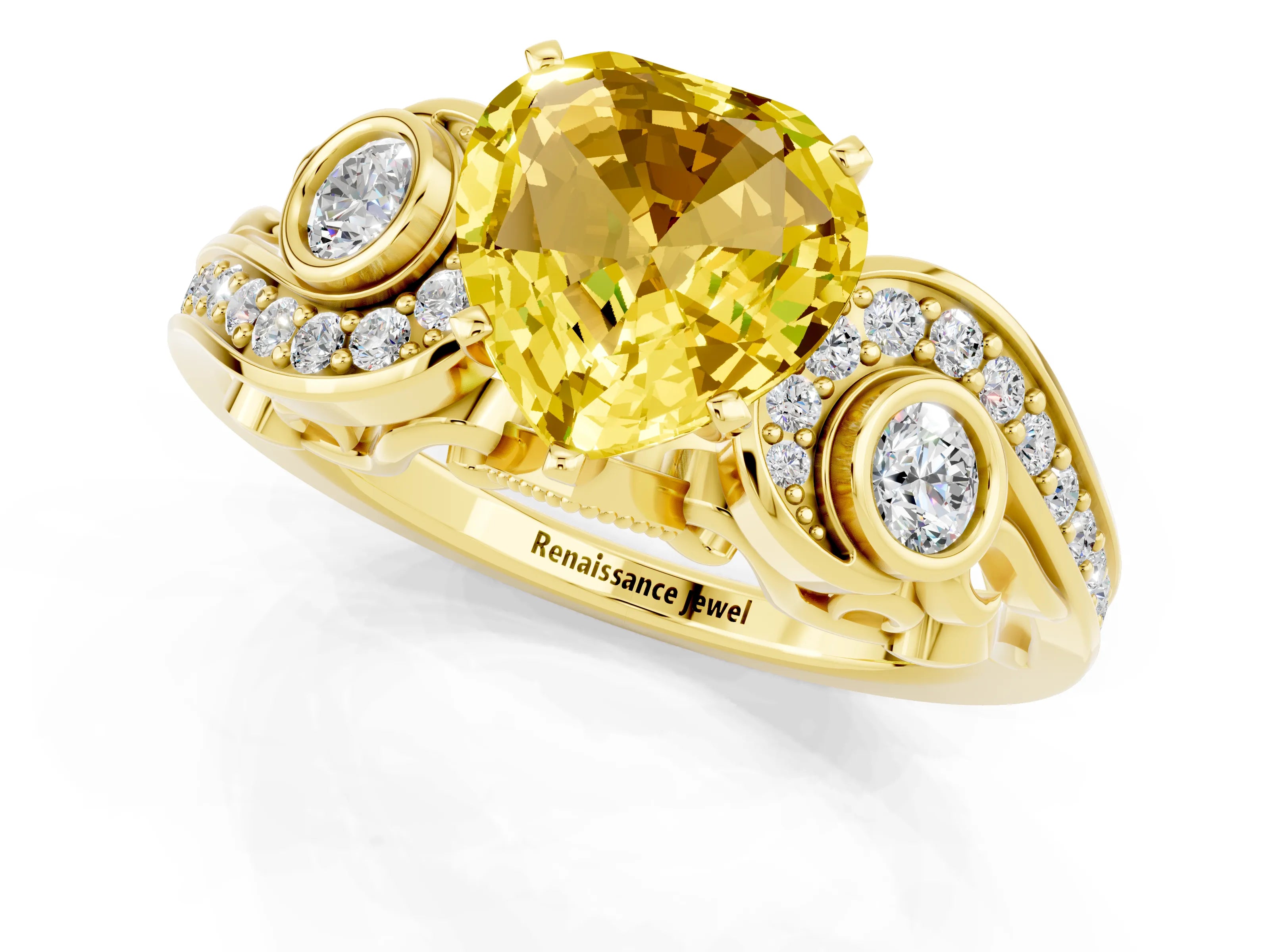 Yellow gold Heart Cut Yellow Sapphire Solitaire Ring with Milgrain Pavé Band and Four-Prong Setting_25