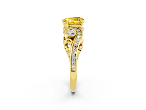 Yellow gold Heart Cut Yellow Sapphire Solitaire Ring with Milgrain Pavé Band and Four-Prong Setting_26