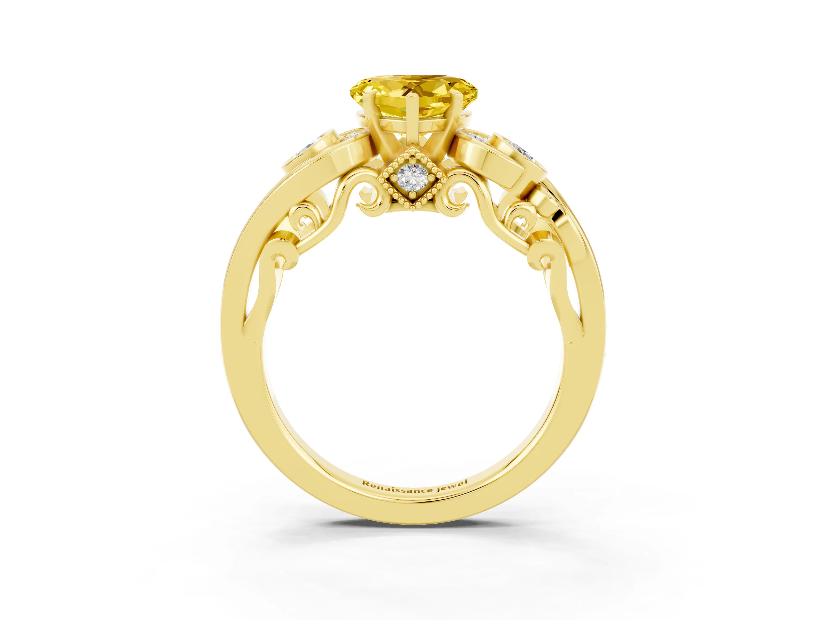 Yellow gold Heart Cut Yellow Sapphire Solitaire Ring with Milgrain Pavé Band and Four-Prong Setting_27