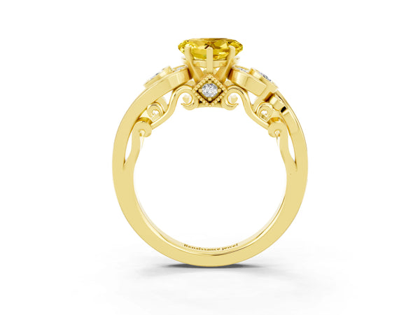 Yellow gold Heart Cut Yellow Sapphire Solitaire Ring with Milgrain Pavé Band and Four-Prong Setting