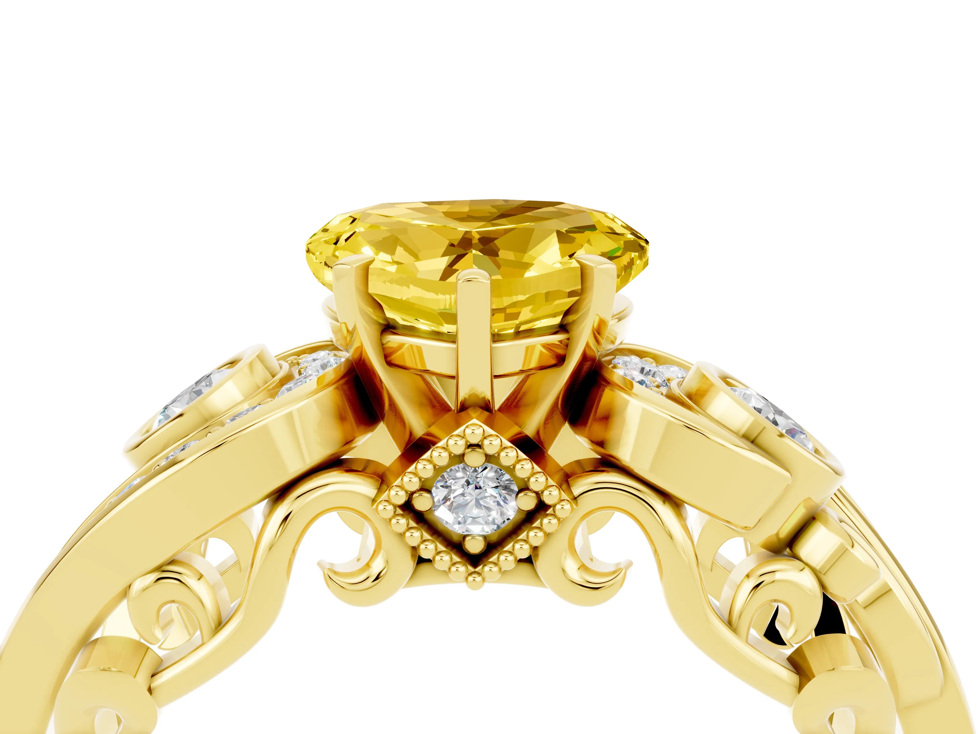 Yellow gold Heart Cut Yellow Sapphire Solitaire Ring with Milgrain Pavé Band and Four-Prong Setting_28