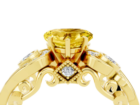 Yellow gold Heart Cut Yellow Sapphire Solitaire Ring with Milgrain Pavé Band and Four-Prong Setting_28