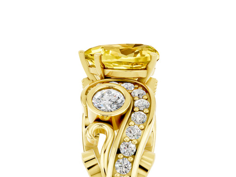 Yellow gold Heart Cut Yellow Sapphire Solitaire Ring with Milgrain Pavé Band and Four-Prong Setting_29
