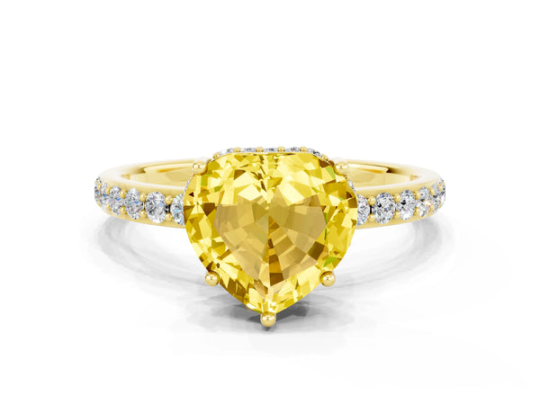 Yellow gold Heart Cut Yellow Sapphire Solitaire Ring with Pavé Band and Hidden Halo