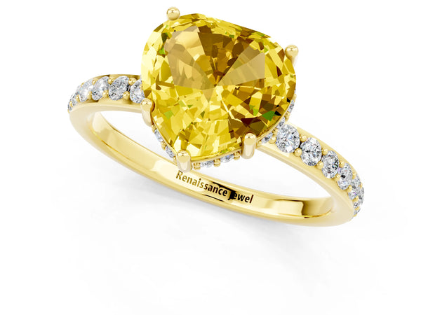 Yellow gold Heart Cut Yellow Sapphire Solitaire Ring with Pavé Band and Hidden Halo