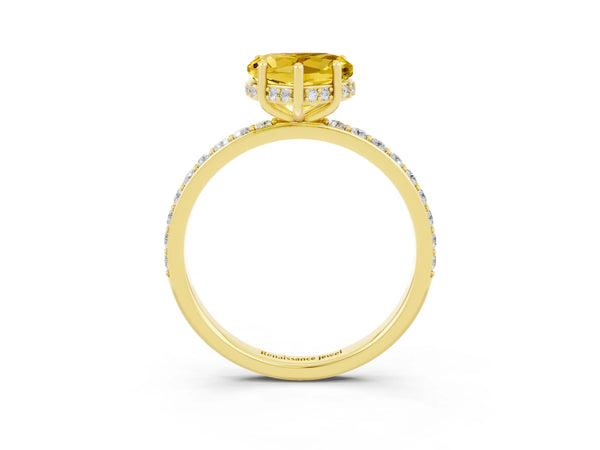 Yellow gold Heart Cut Yellow Sapphire Solitaire Ring with Pavé Band and Hidden Halo