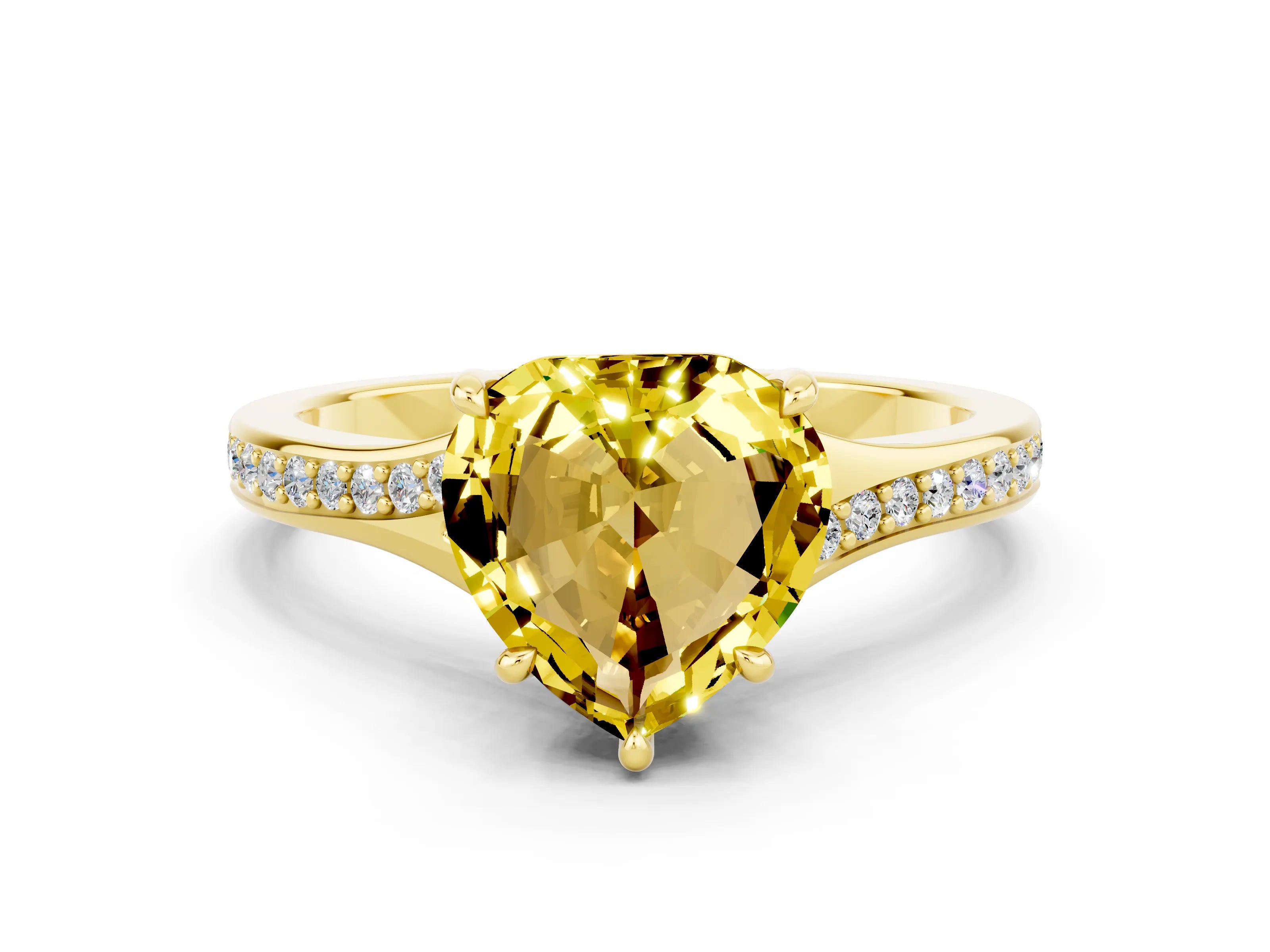 Yellow gold Heart Cut Yellow Sapphire Solitaire Ring with Pavé Band and Prong Setting