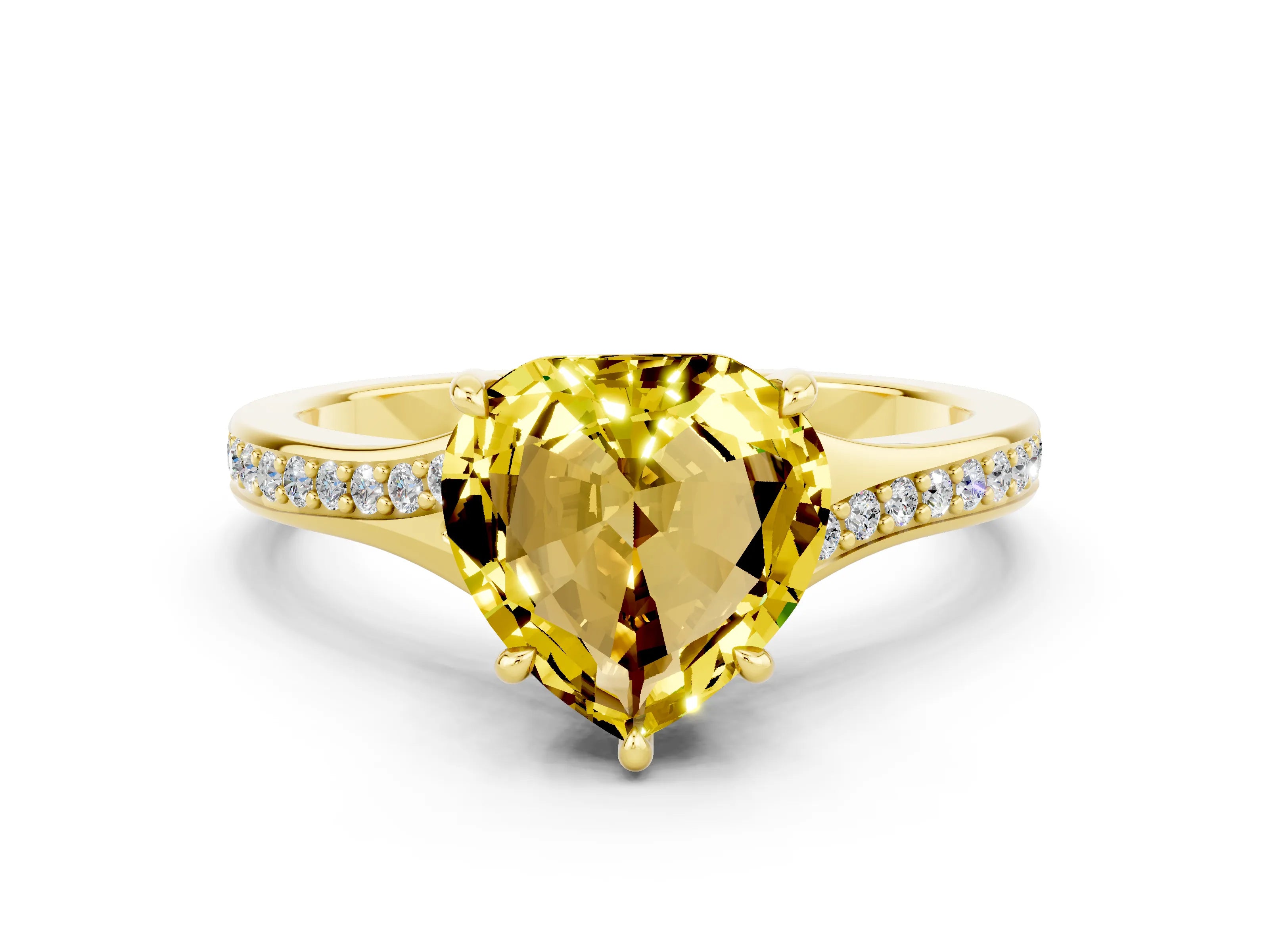 Yellow gold Heart Cut Yellow Sapphire Solitaire Ring with Pavé Band and Prong Setting_12
