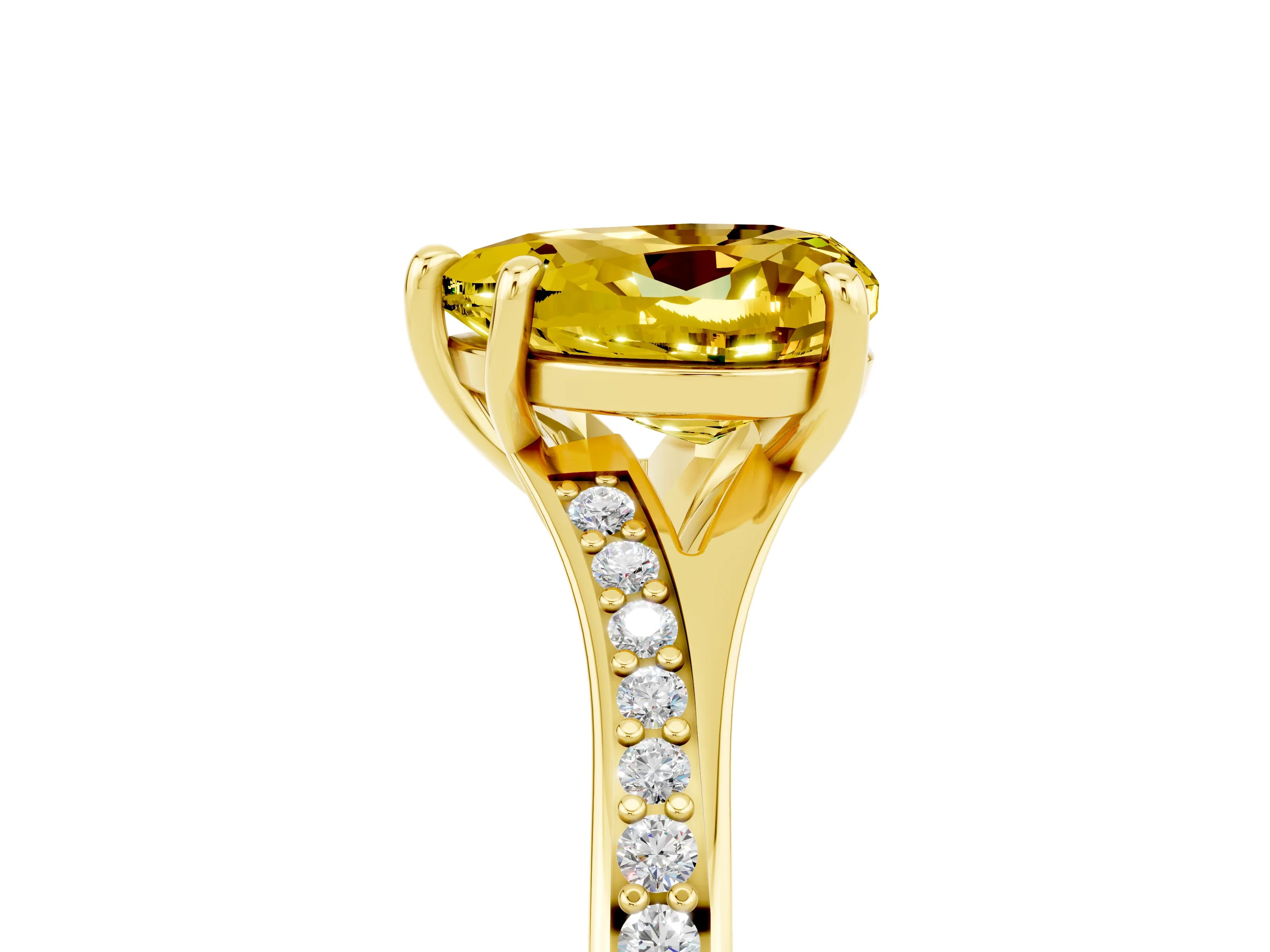 Yellow gold Heart Cut Yellow Sapphire Solitaire Ring with Pavé Band and Prong Setting_17